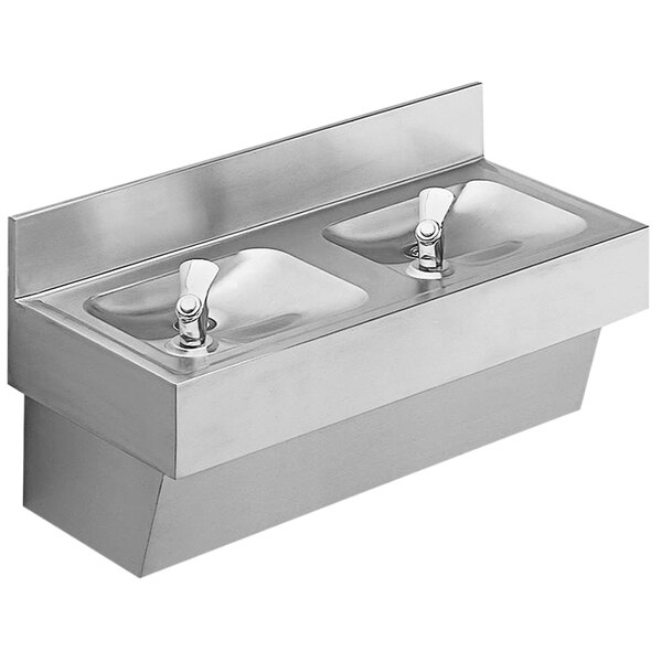 A stainless steel Halsey Taylor drinking fountain with two faucets.