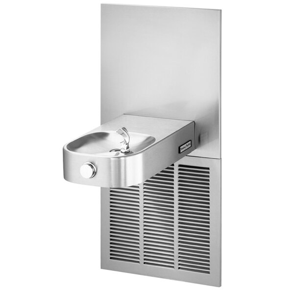 A stainless steel Halsey Taylor wall mount drinking fountain with a chilled water cooler.