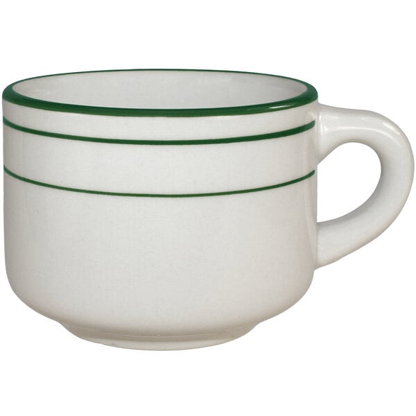 An International Tableware Verona ivory stoneware coffee cup with a white handle and green bands.