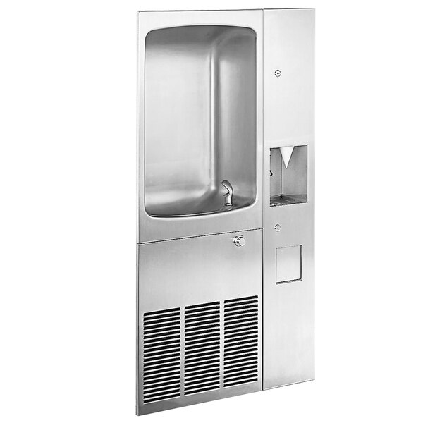 A stainless steel Halsey Taylor water fountain with cup dispenser.