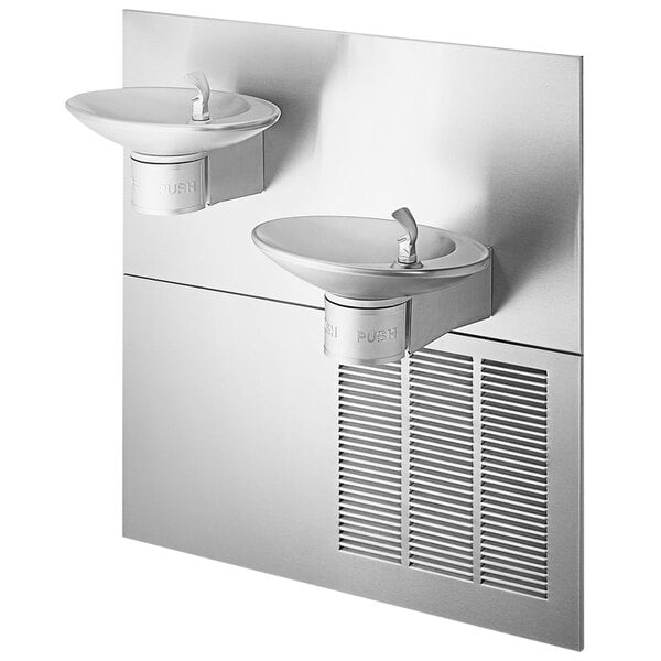 A stainless steel Halsey Taylor drinking fountain with two oval sinks.