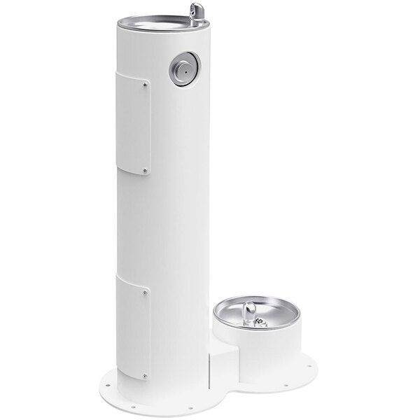 A white tubular pedestal drinking fountain with a silver round lid and two silver bowls.