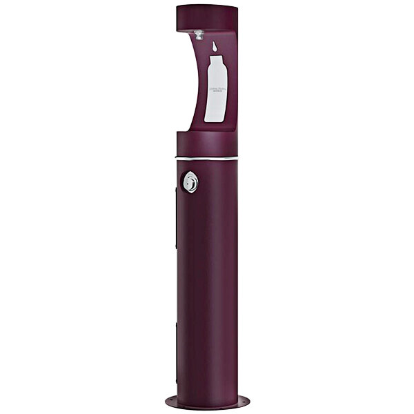 A purple Halsey Taylor outdoor pedestal bottle filling station with a white stand.