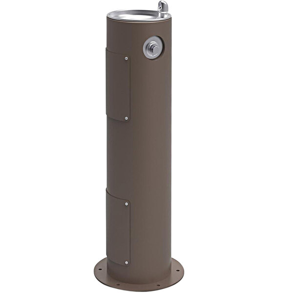 A brown Halsey Taylor tubular pedestal drinking fountain with a silver lid.