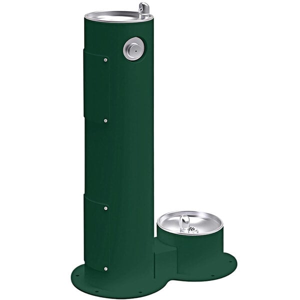 A green Halsey Taylor outdoor water fountain with a silver bowl and pet station.
