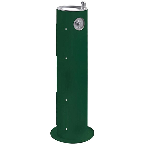 A green metal pedestal drinking fountain with a silver water spout.