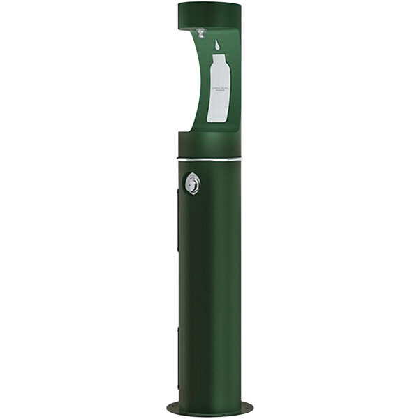 A green Halsey Taylor water fountain with a white round knob.