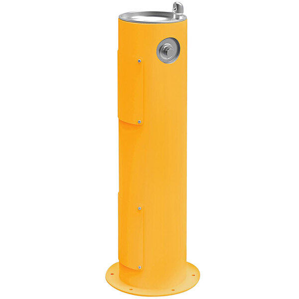 A yellow Halsey Taylor water fountain with a metal stand.