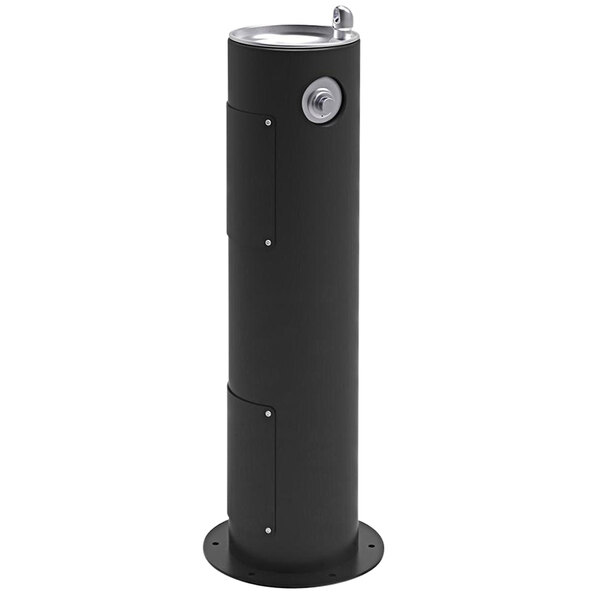 A black cylindrical Halsey Taylor pedestal drinking fountain with a silver cap.