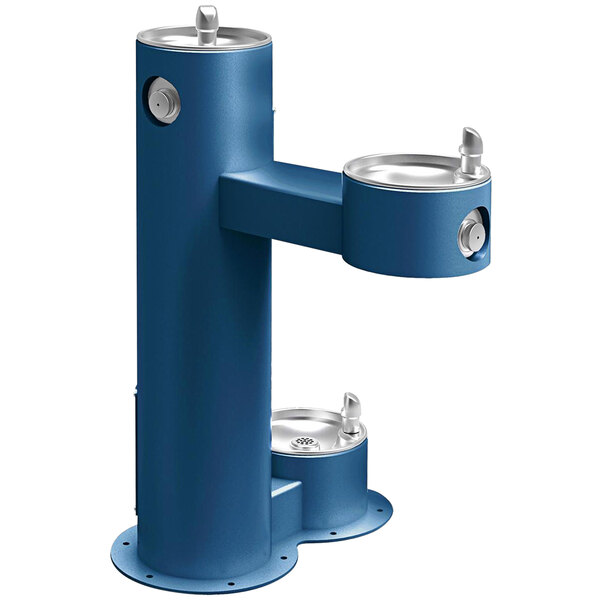 A blue Halsey Taylor drinking fountain with two water dispensers.