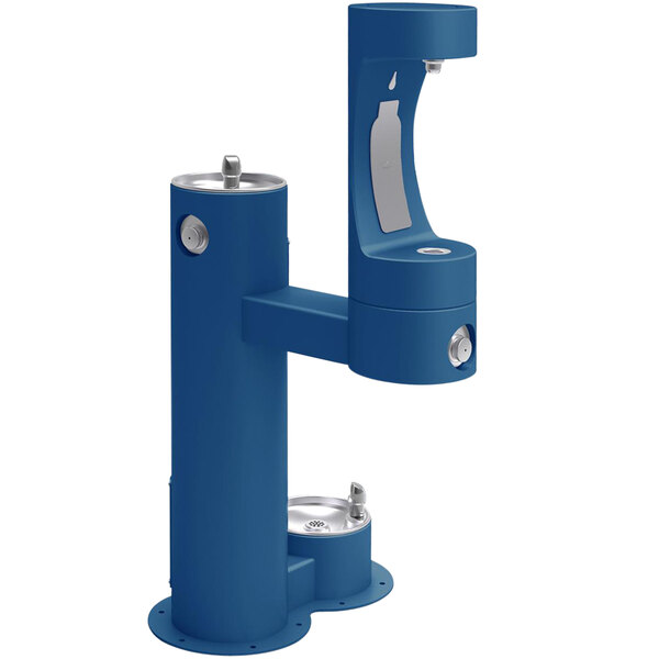 A blue Halsey Taylor bi-level water fountain with silver metal accents.