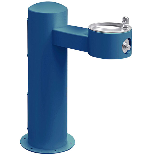 A blue rectangular Halsey Taylor drinking fountain with a silver metal lid.
