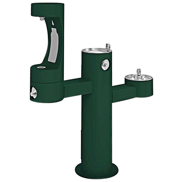 A green Halsey Taylor outdoor water fountain with two silver faucets.