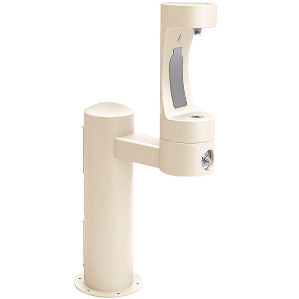 A beige pedestal water bottle filling station with a white background.