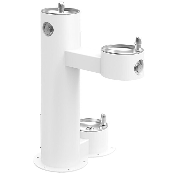 A white Halsey Taylor drinking fountain with two spouts.