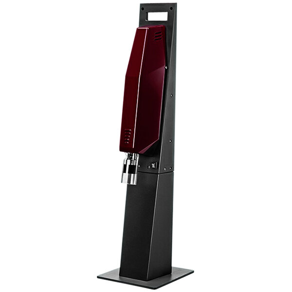 A Franmara black and red ElectroParagon electric corkscrew on a stand opening a wine bottle.