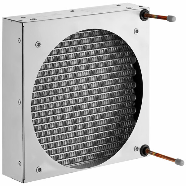 A white square Narvon air condenser with a round metal surface and two copper pipes.