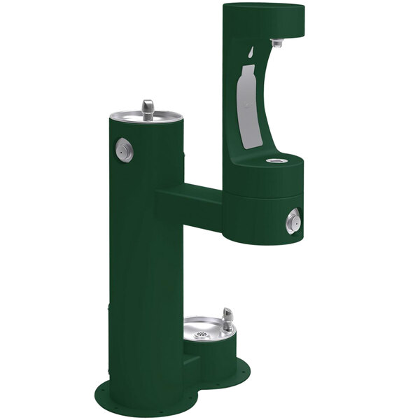 A green rectangular Halsey Taylor water fountain with two silver handles.