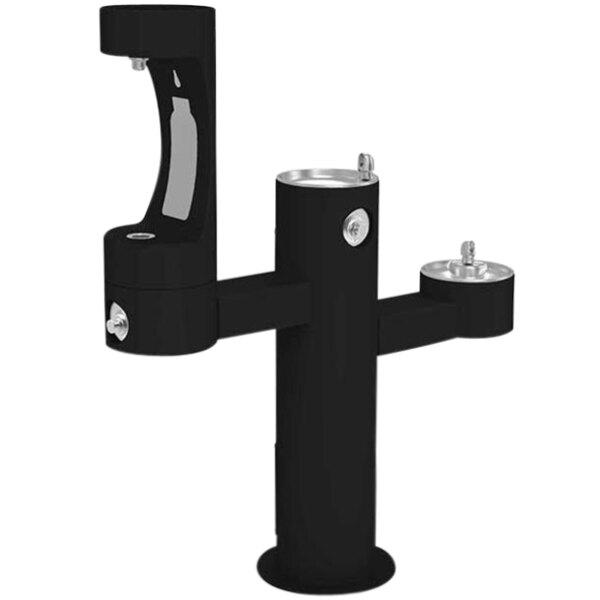 A black drinking fountain with silver handles.