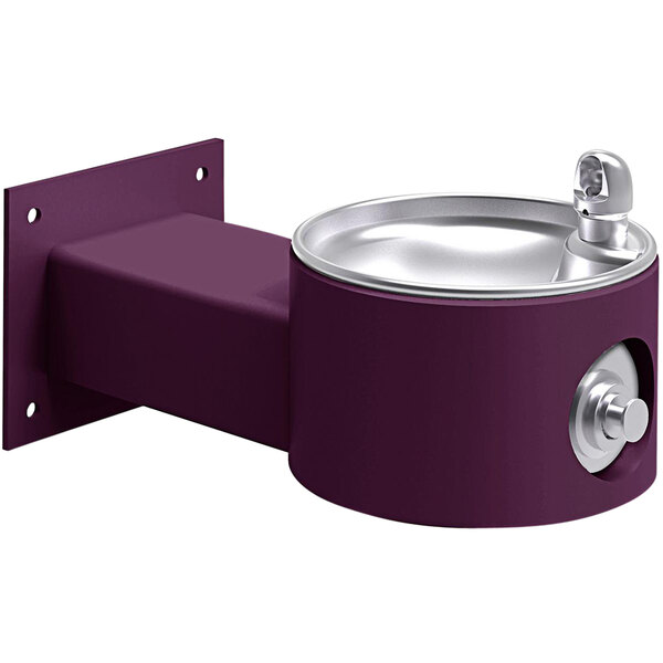 A purple Halsey Taylor wall mount drinking fountain with a silver handle.