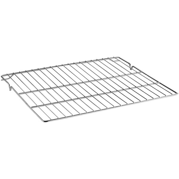A Cooking Performance Group metal oven rack with a wire grid.