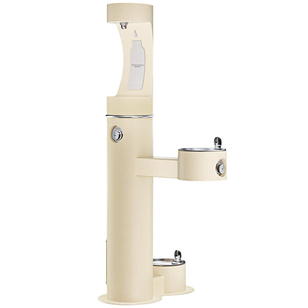 A beige Halsey Taylor bi-level water fountain with a bottle filler and pet station.