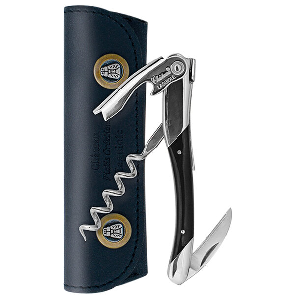 A black and silver Chateau Laguiole Grand Cru waiter's corkscrew with a black handle in a black leather case.