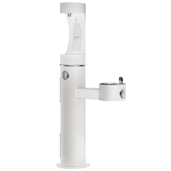 A white Halsey Taylor water fountain with a silver bottle filling station handle.