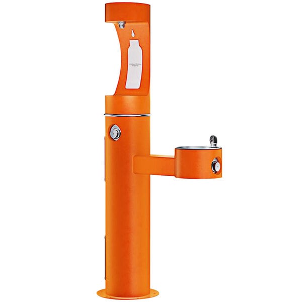 An orange Halsey Taylor water fountain with a bottle filling station and water dispenser.