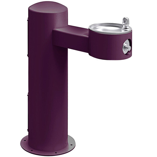 A purple drinking fountain with a silver metal base and lid.