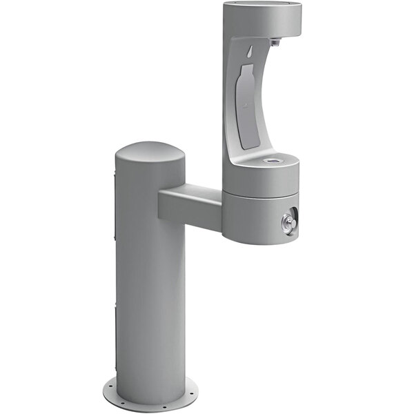 A grey Halsey Taylor Endura II hydroboost bottle filling station with a round base and grey handle.