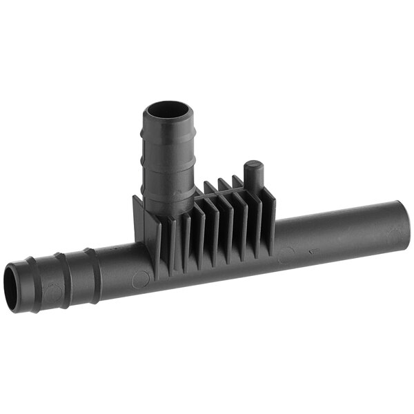 A black plastic Narvon drain pipe with a hole in it.