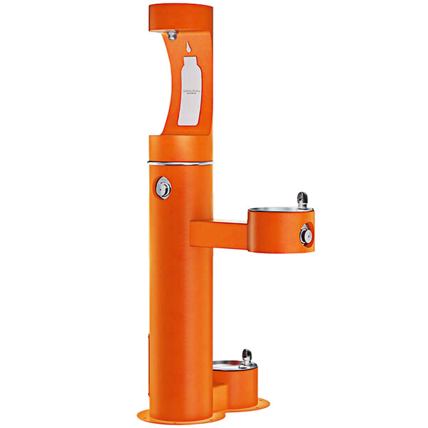 An orange Halsey Taylor water fountain with a bottle filler and pet station.