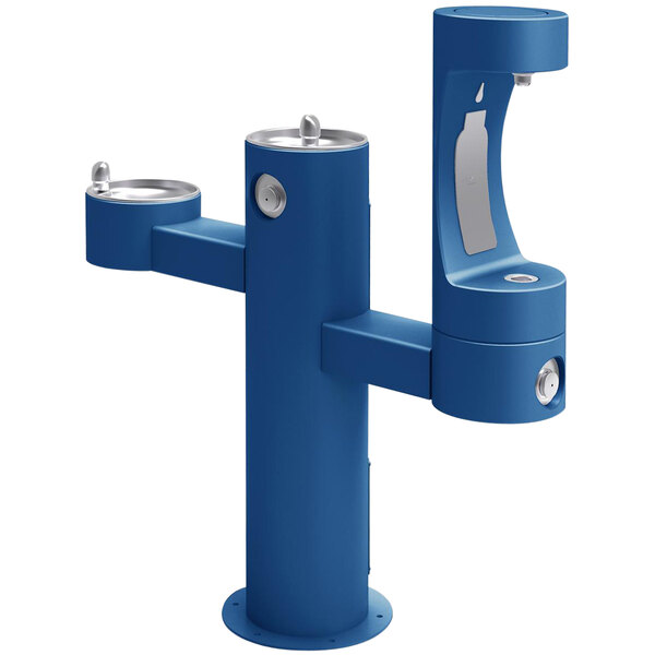 A blue Halsey Taylor water fountain with two silver drinking fountains.
