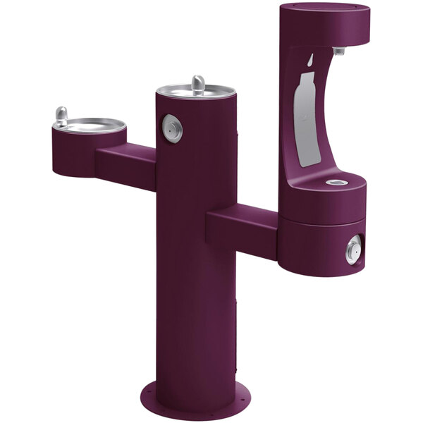 A purple Halsey Taylor drinking fountain with silver handles.