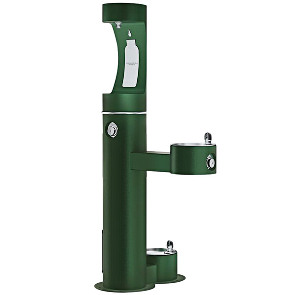 A green Halsey Taylor Endura II water fountain with two dispensers.