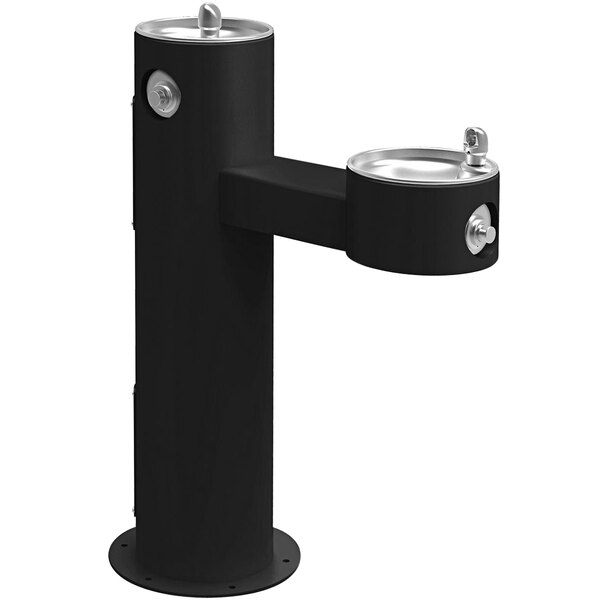 A black metal Halsey Taylor outdoor tubular bi-level drinking fountain with silver faucets.