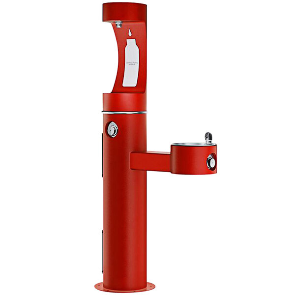 A red Halsey Taylor water fountain with a white upper bottle filling station.