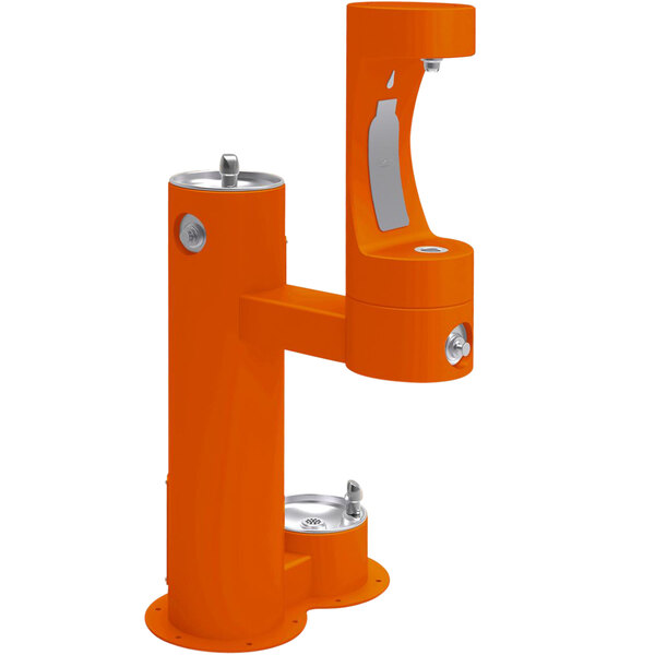An orange Halsey Taylor water fountain with metal stand.