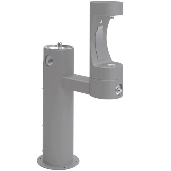 A gray Halsey Taylor water fountain with a bottle filler and lower water dispenser.