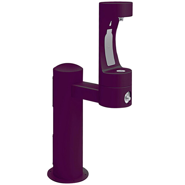 A purple Halsey Taylor water fountain with a silver handle.