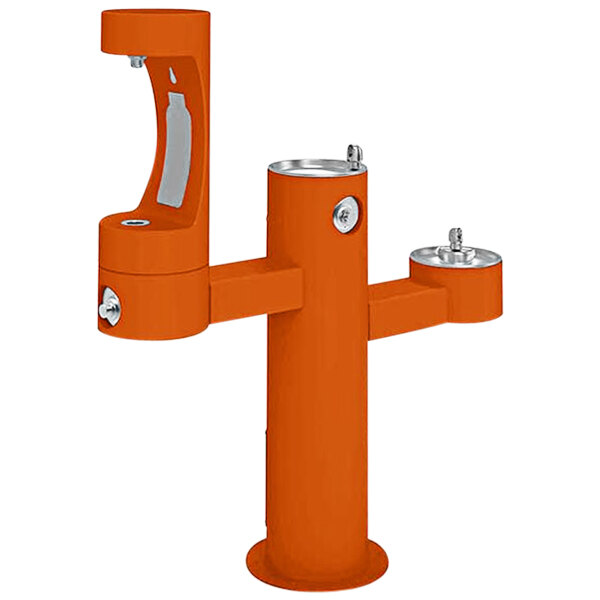 An orange rectangular Halsey Taylor water fountain with silver handles.