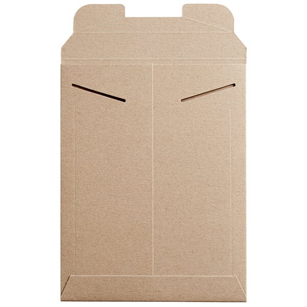 A brown rectangular Lavex Stayflats Rigid Mailer box with two holes.
