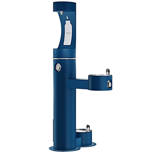 A blue Halsey Taylor outdoor bi-level water fountain with two bottle filling stations.