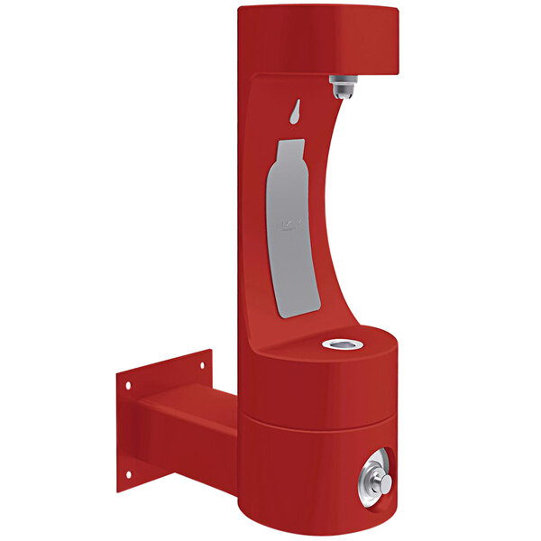 A red Halsey Taylor wall mount water fountain with a silver metal stand.