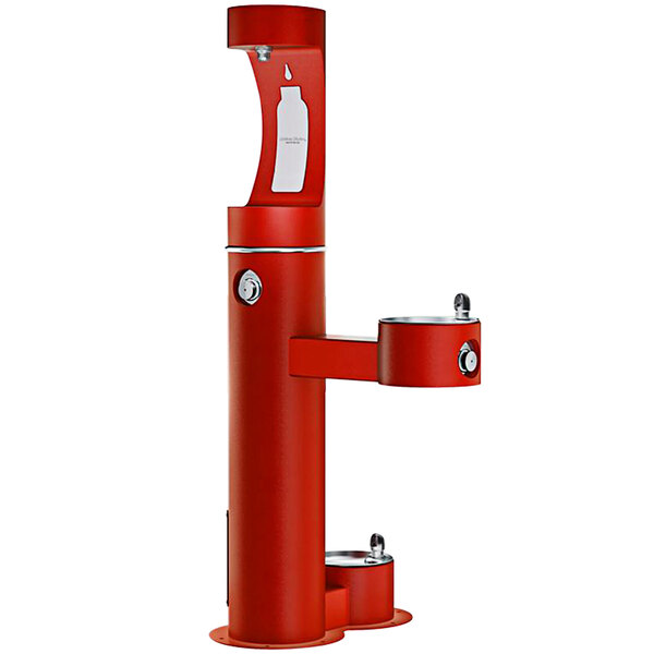 A red Halsey Taylor water fountain with a bottle filling station and pet fountain.