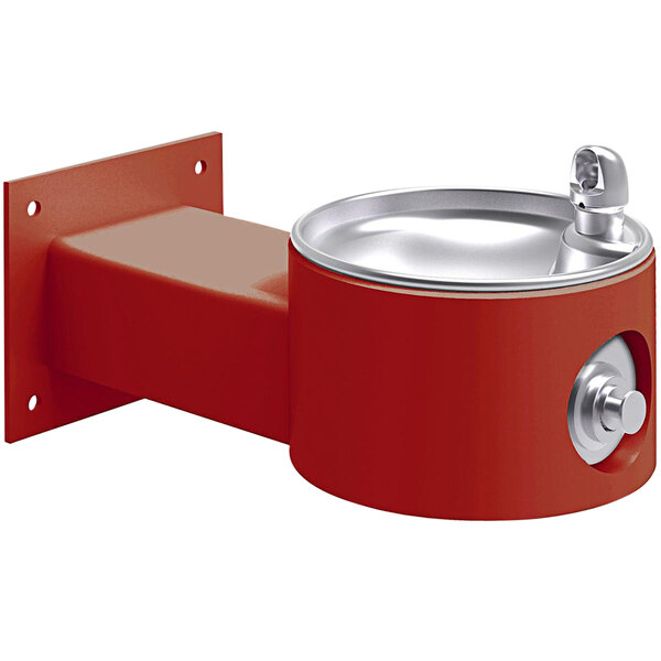 A red Halsey Taylor wall mounted water fountain with a silver metal cup holder.