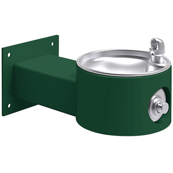 An evergreen wall mounted Halsey Taylor drinking fountain with a silver rim.