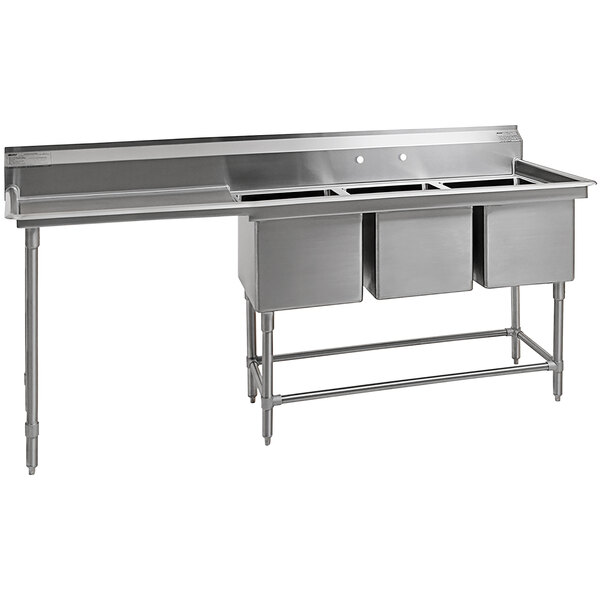 A Eagle Group stainless steel commercial kitchen sink with three compartments and a left drainboard.