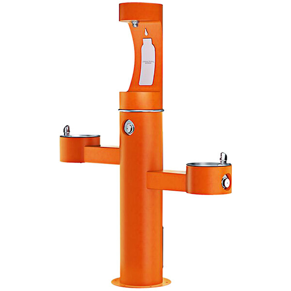 An orange Halsey Taylor water fountain with two bottle filling spouts.